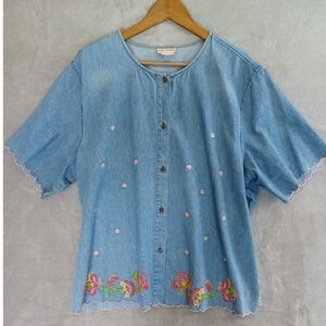 Toffee Apple Top XXL Denim Embroidered Floral Button Up Short Sleeve Scalloped